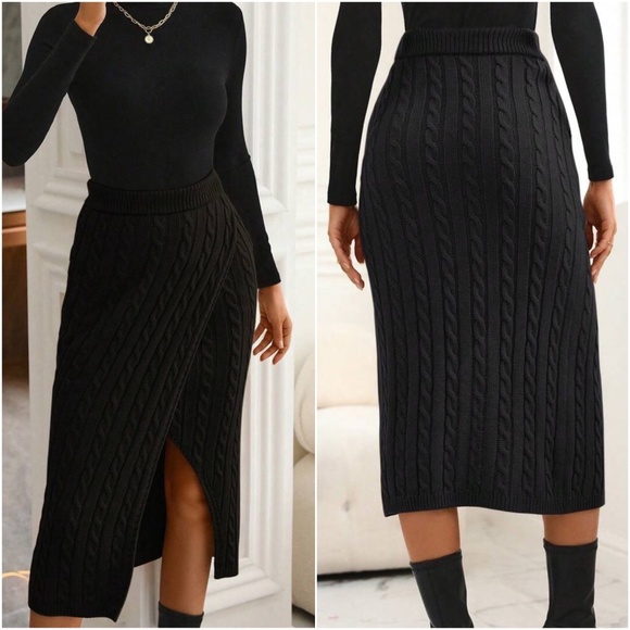 014 Cable Knit Split Thigh Ribbed Midi Skirt - Picture 8 of 8